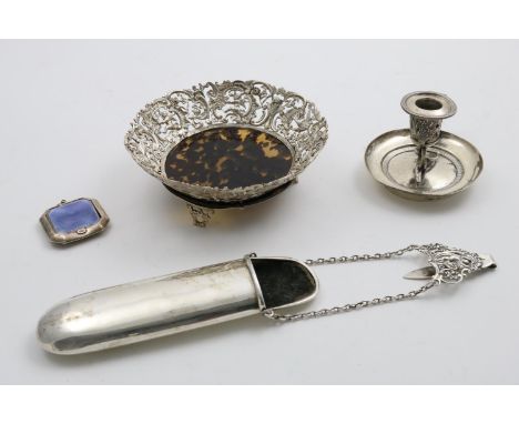 A LATE VICTORIAN MOUNTED TORTOISESHELL BONBON DISH with a cast, pierced border and three feet, by William Comyns London 1888 