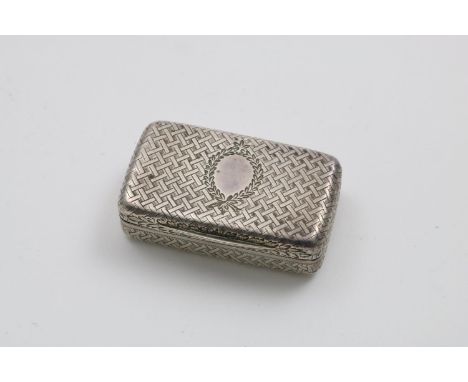 A GEORGE IV ENGRAVED SNUFF BOX rectangular with rounded corners and a trelliswork pattern with a vacant wreath cartouche on t
