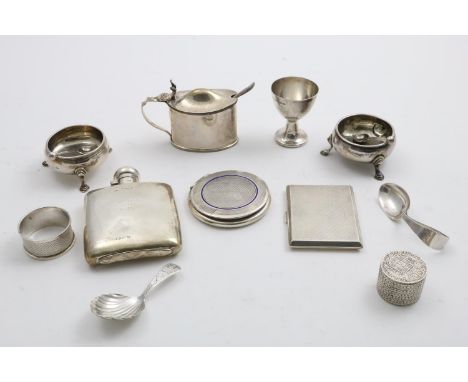 MISCELLANEOUS SMALL SILVER:- to include: a bright-cut caddy spoon, initialled, 3 condiments and 3 spoons, a engine-turned cig