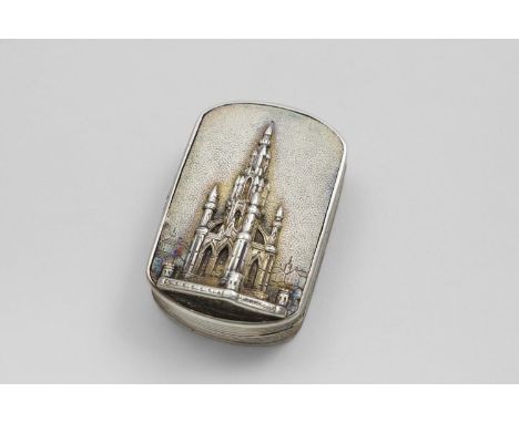 A VICTORIAN CASTLETOP VINAIGRETTE rectangular with rounded ends, reeded sides and a view of the Scott Memorial, Edinburgh in 