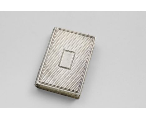 A WILLIAM IV ENGINE-TURNED VINAIGRETTE in the form of a book with a vacant rectangular cartouche on the cover, the grille wit