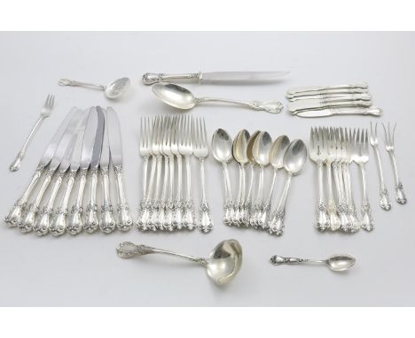 A MID 20TH CENTURY NORTH AMERICAN PART CANTEEN OF FLATWARE &amp; CUTLERY with decorative King's shape stems, (Old Master Patt