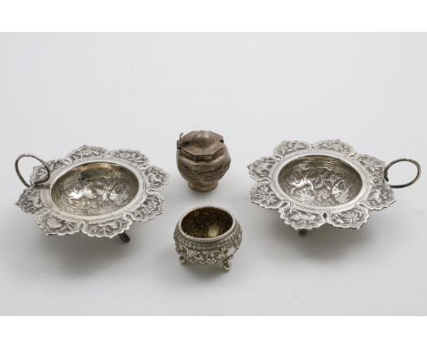A PAIR OF SMALL INDIAN DISHES with ring handles, a small Chinese mustard pot with an applied dragon and an Indian salt; the m