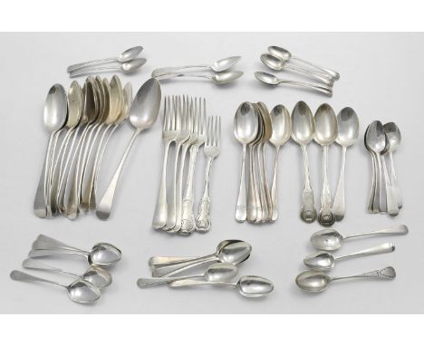 MISCELLANEOUS FLATWARE:- 12 various antique table spoons, 4 table forks, a set of 6 Hanoverian dessert spoons, 3 other desser