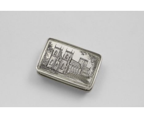 A GEORGE IV/WILLIAM IV RECTANGULAR VINAIGRETTE with engine-turned sides and base and an engraved view of a large church or ab