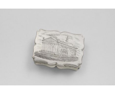 A VICTORIAN ENGRAVED "CASTLETOP" VINAIGRETTE of shaped rectangular outline, with a view of the Royal Exchange building, Londo