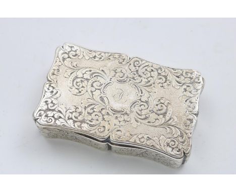 AN EARLY VICTORIAN ENGRAVED SNUFF BOX of shaped rectangular outline, initialled on the cover, gilt interior, by Joseph Wilmor
