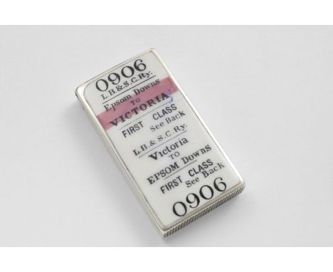 A VICTORIAN RECTANGULAR VESTA CASE decorated to resemble a first class return train ticket from Victoria Station to Epsom Dow