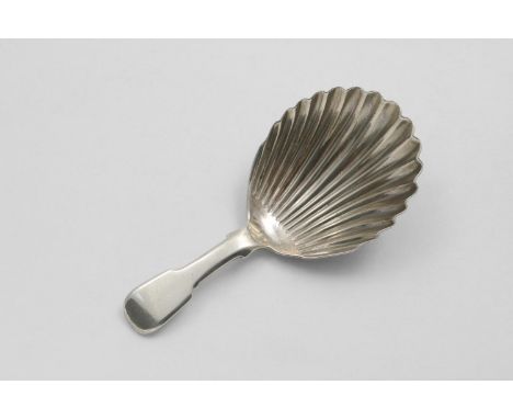 A SCOTTISH PROVINCIAL FIDDLE PATTERN CADDY SPOON with a fluted shell bowl, by Andrew Davidson of Arbroath (AD, crowned head, 