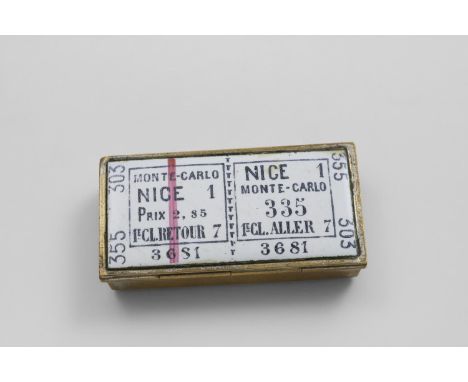 A LATE 19TH/EARLY 20TH CENTURY FRENCH BRASS NOVELTY VESTA CASE enamelled in polychrome and red to resemble a first class retu