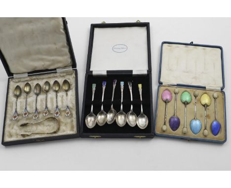 A CASED SET OF 6 ART DECO TEASPOONS with enamelled chevron terminals, by Deakin and Francis, Birmingham 1935/36, another case