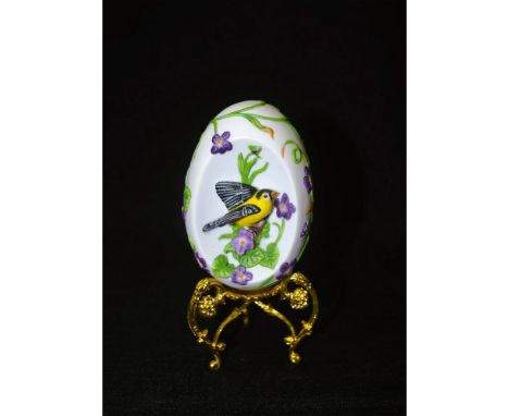Lenox Porcelain Decorated Three Dimensional Egg with Gold Stand. Porcelain Decorated, hand created, hand painted by the Artis