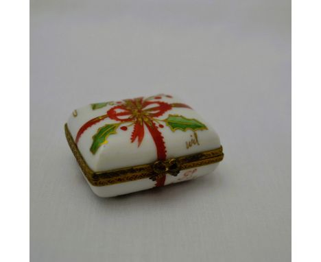 Glazed Porcelain Decorated Noel Holiday Box with Red Bow and Holly, Signed Limoges, France. Featuring a Joyful Holiday Theme,