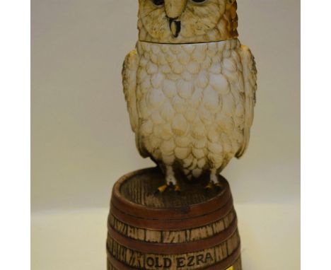 Glazed Ceramic Decorated, Owl Decanter, entitled "Old Ezra." Bottled by Ezra Brooks Distilling, Co. in Frankfort Owensboro, K