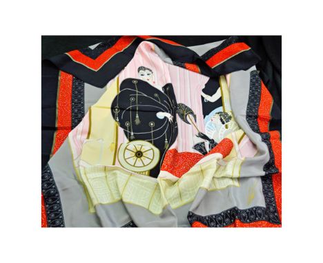 Erte' for Carry Back Ltd presents the Erte' Opera Box Scarf in 100% Silk. Multi-Colors of Ivory, Black, Pink and Gray featuri