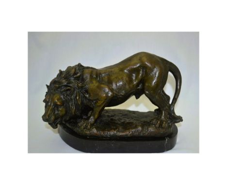 Antique European Roaring Lion Bronze Sculpture. Patinated, featuring an early 20th C. Bronze Lion Sculpture on Black Marble B