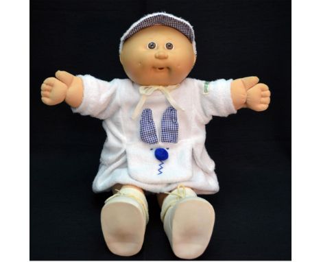Vintage Original Coleco Cabbage Patch featuring a Premie Boy with Original Clothes, a 2 piece outfit with hat in white with b