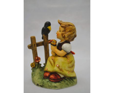 Bisque Porcelain Decorated, hand created, hand painted by the Goebel Studio. Featuring a Young Girl Seated, Bird watching. Ha