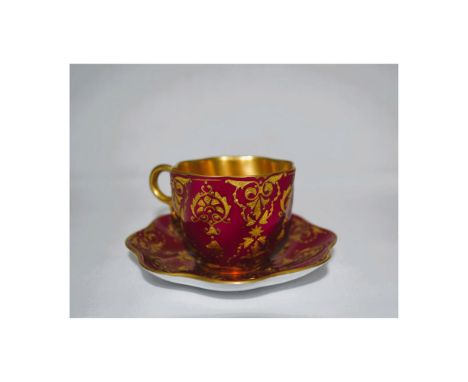 Glazed Porcelain Decorated, hand created and hand painted by CoalPort, featuring a Cup and Saucer with a Burgundy Ground, an 