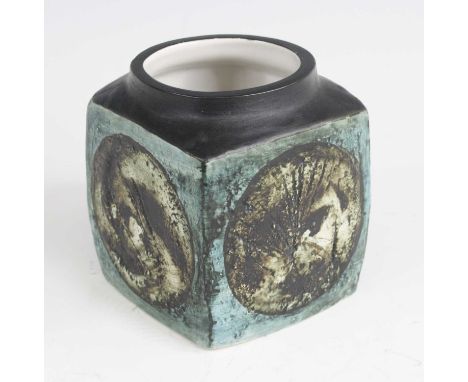 A 1970s Troika pottery squat cube vase, each side decorated with roundel motif, painted in tones of black and turquoise, prin