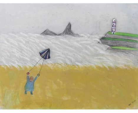 Modern British School - Naive beach scene, mixed media, initialed 'MLT' and dated 2002 lower right, 54.5 x 71cm