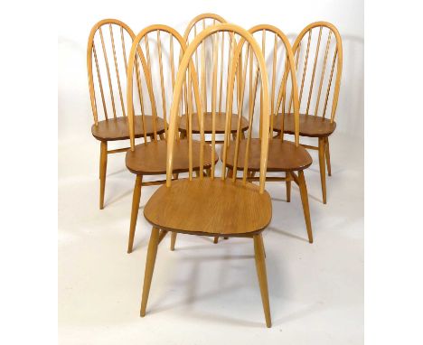 A set of six Ercol blond elm and beech 'Quaker' Model 365 dining chairs, w.42.5cmAll solid and useable.A few light knocks and