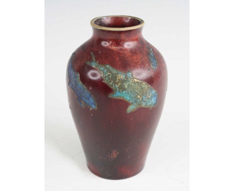 Bernard Moore (1850-1935) - a pottery flambé Solifleur vase, of shouldered form, rouge decorated with stylised turquoise and 