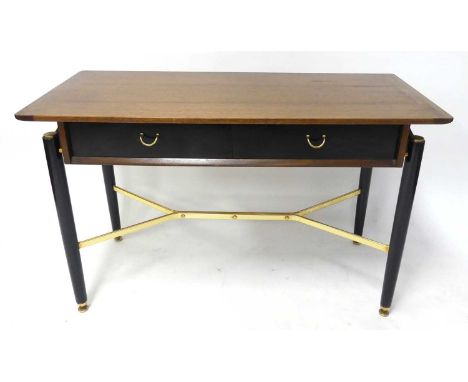 Ernest Gomme for G-Plan - a 1960s teak, ebonised and brass two drawer side table, h.74cm, w.118.5cm, d.51.5cmStands well and 