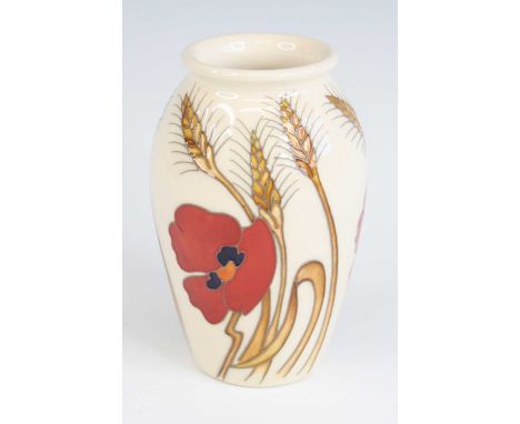 A contemporary Moorcroft Harvest Poppy pattern pottery vase, designed by Emma Bossons, of slender ovoid form, impressed and p