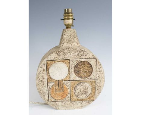 A 1970s Troika pottery wheel lamp, painted in monochrome tones of brown and cream, with typical geometric raised and relief p