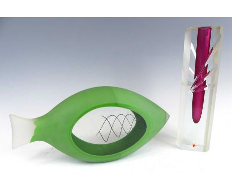 Stefano Toso - a Murano glass fish, two-tone frosted and clear polished sided, green cased outer colour with spiral turned in