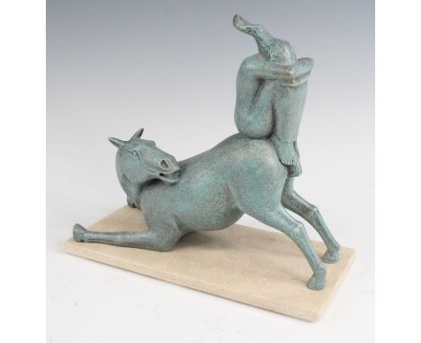 Eoghan Bridge (b.1963) - The Art of Contemplation, green patinated ceramic model of a woman seated on a bowing horse, raised 