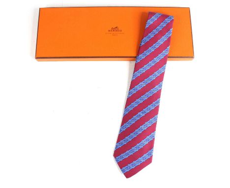 Hermès of Paris - a silk tie, burgundy and blue ground with angled striped chainmail design, No.7248, housed in original card