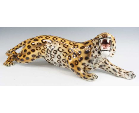 Favaro Cecchetto - a large Italian ceramic figure of a leopard, in striding roaring pose, printed backstamp to underside of o