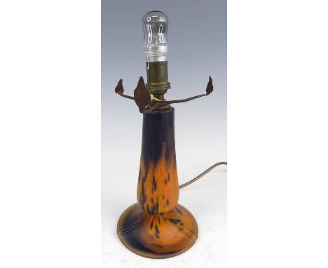 A Muller Frères glass lamp base, raised on circular foot, acid etched mark to body, with cased and trailing decoration (lacki