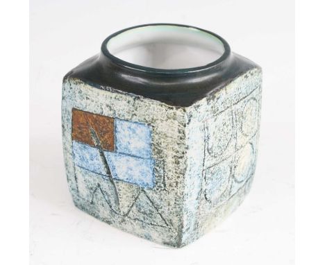 Anne Lewis for Troika - a 1970s pottery squat cube vase, each side geometric incised stylise decorated, painted in tones of b
