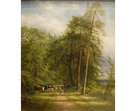 JOHN RIVERS "Shepherd", oil on canvas, two figures driving sheep and cattle through wooded path by river, indistinctly signed