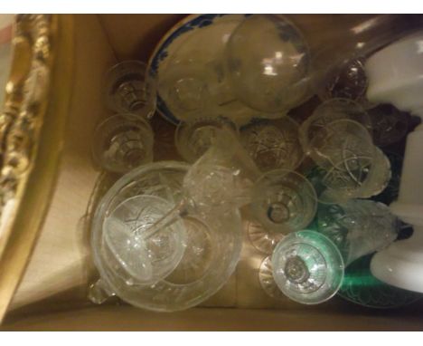 Two boxes of assorted sundry and glass to include meat plate, various Oriental style figurines, mottled glass lampshade, etc 