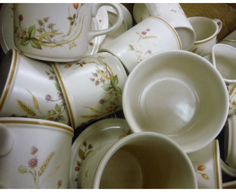 A box containing a "Harvest" part dinner service, a further box of assorted china, cutlery, etc, two boxes of various glasswa