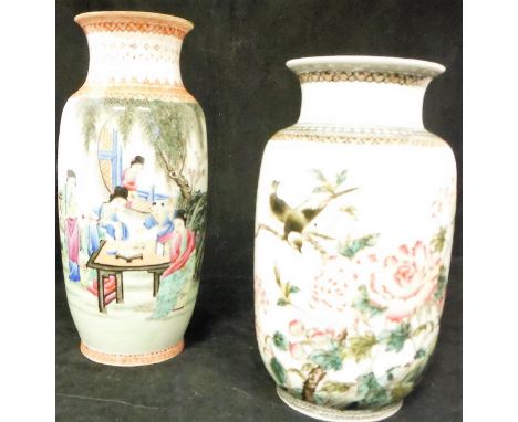 Two Republican Chinese porcelain vases, one decorated with figures seated at a table beneath a tree, with script to the back 