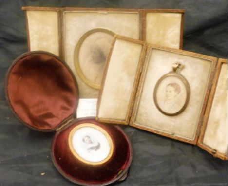 Three leather cased vintage tinted photographs, all portrait studies of ladies