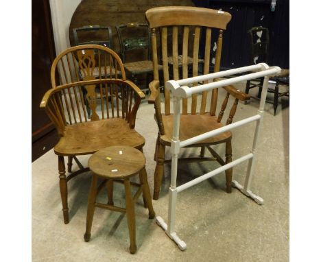 An elm Windsor chair with splat back and crinoline stretcher together with a painted towel rail, a Windsor elbow chair and a 