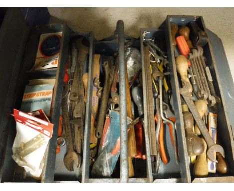 Two boxes of assorted hand tools to include spanners, hammers, saws, etc, together with a lawn rake and a soil rake