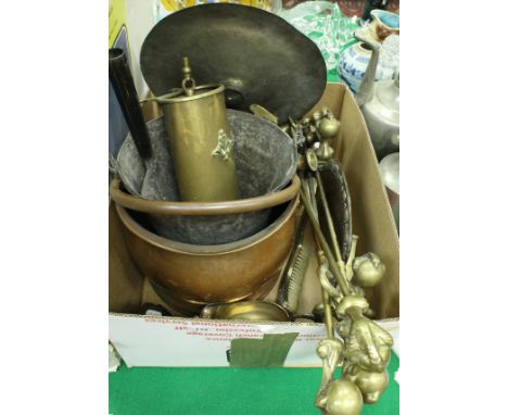 Assorted metal wares to include brass fireside companion set, the handle as a claw and ball, a copper coal helmet, brass cand