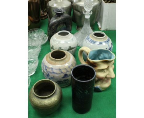 Three 19th Century Chinese ginger jars, Mtarfa vase, Mdina glass vase, a ship's decanter, a Chinese brass vase with seven cha