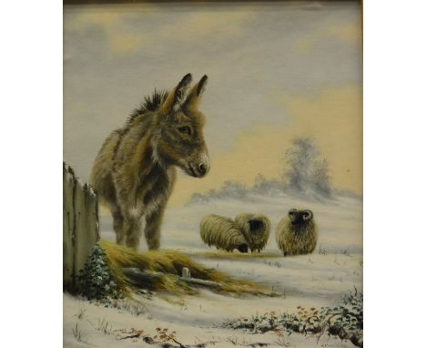 K BUCKLEY "Donkey and Sheep in Snow", oil on canvas, signed lower right