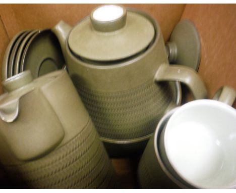 Four boxes of sundry glass, china and brass ware, to include Denby, candlesticks, etc, a shower unit, one by Grone and one by