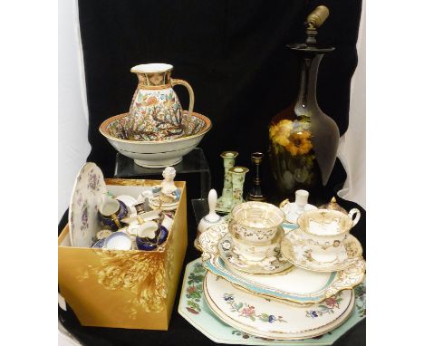 A collection of assorted china wares to include Copeland's wash bowl and jug, assorted candlesticks, a Spode "Trapnell" beake