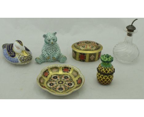A Herend porcelain Seated Bear in green, together with a Royal Crown Derby Mandarin Duck,  a Royal Crown Derby oval trinket b