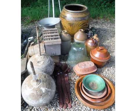 A collection of garden tools, a large glazed garden pot in the Chinese manner with incised Chinese decoration depicting drago